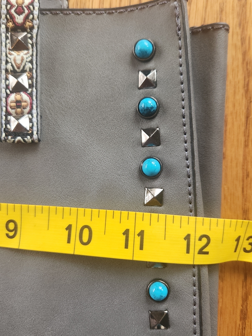 Gray Southwestern Tote Bag w turquois & Silver studs & Embroidered Floral Straps - Picture 8 of 11